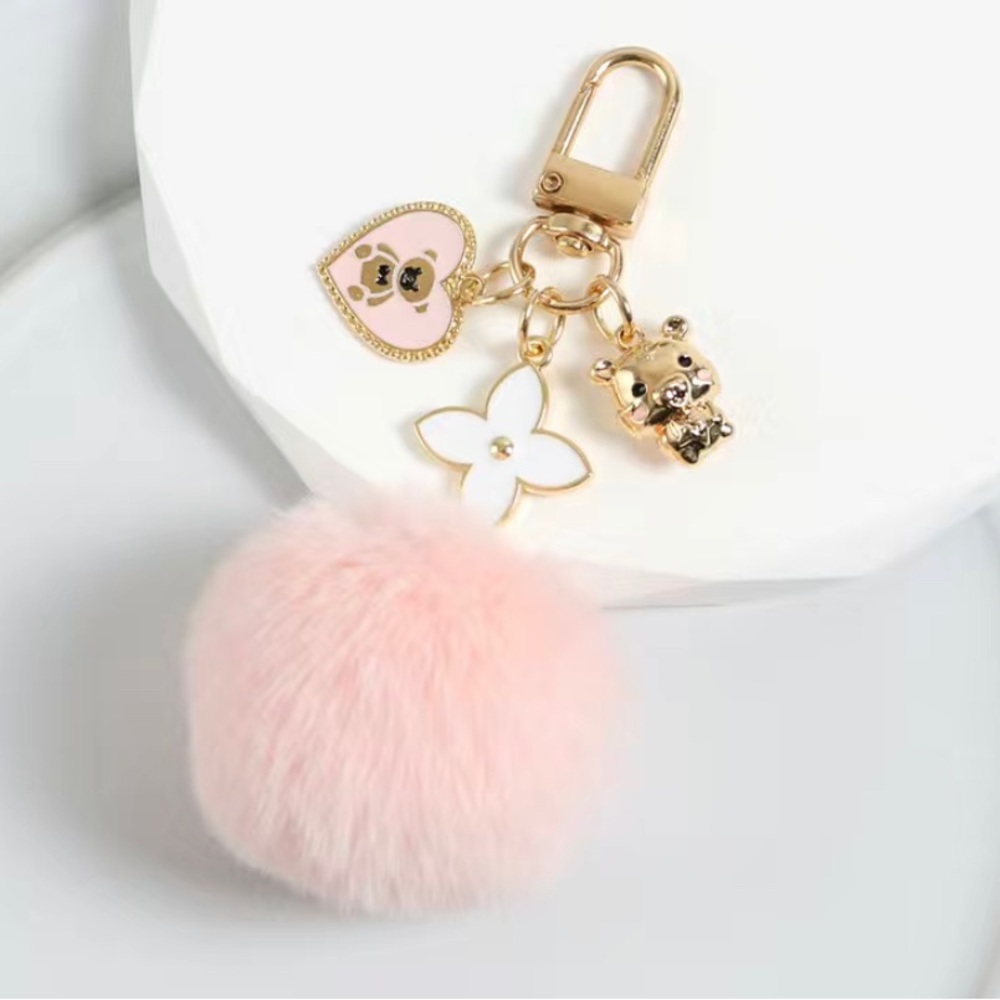 2pcs, Love Heart Bear Pom Pom Keychain/Bag Charm- 1black 1Pink - Picture 2 of 5